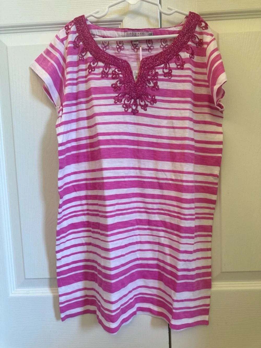 Calypso St. Barth Pink & White Striped Embellished Neck Tunic